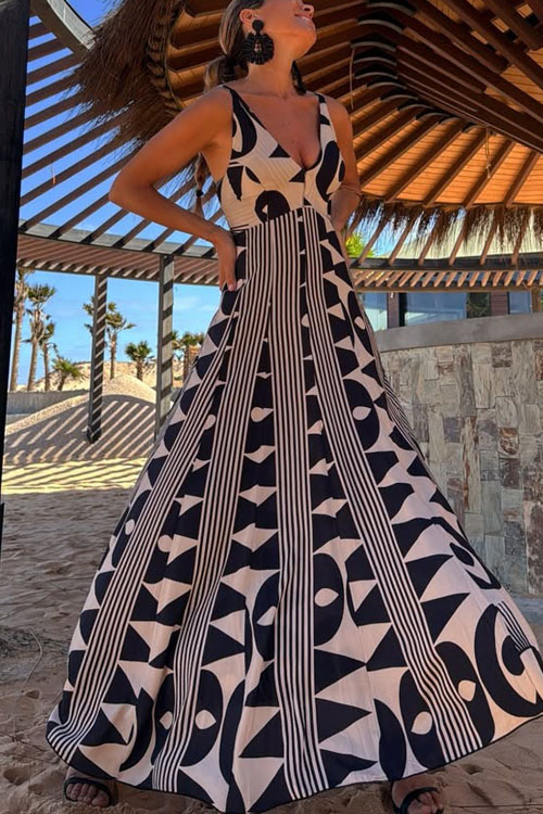 Kathiadress V-Neck Printed Swing Beach Vacation Dress