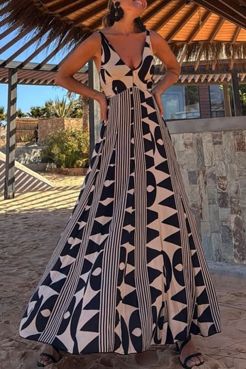 Kathiadress V-Neck Printed Swing Beach Vacation Dress