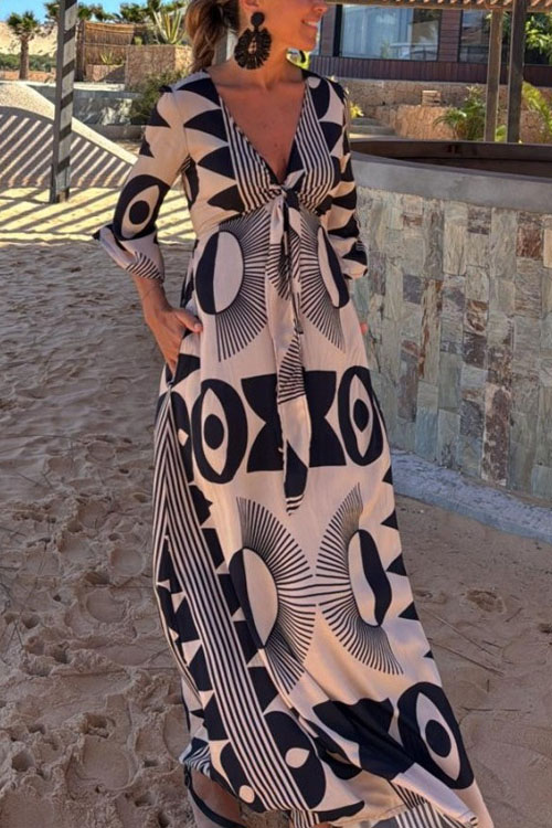 Kathiadress V-neck Lace-up Printed Loose Mid-sleeve Dress