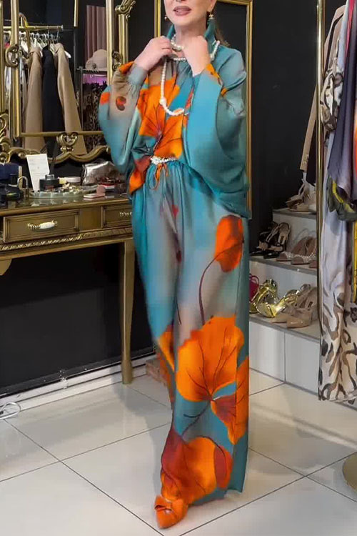 Kathiadress Printed Top Wide Leg Pants Fashion Two-piece Set