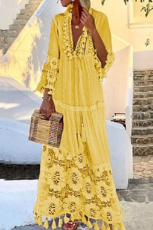 Kathiadress Lace Fringe Patchwork Beach Vacation Dress