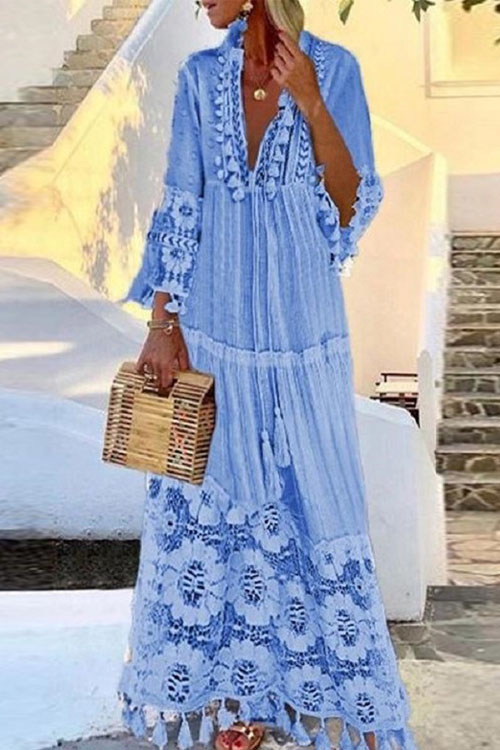 Kathiadress Lace Fringe Patchwork Beach Vacation Dress