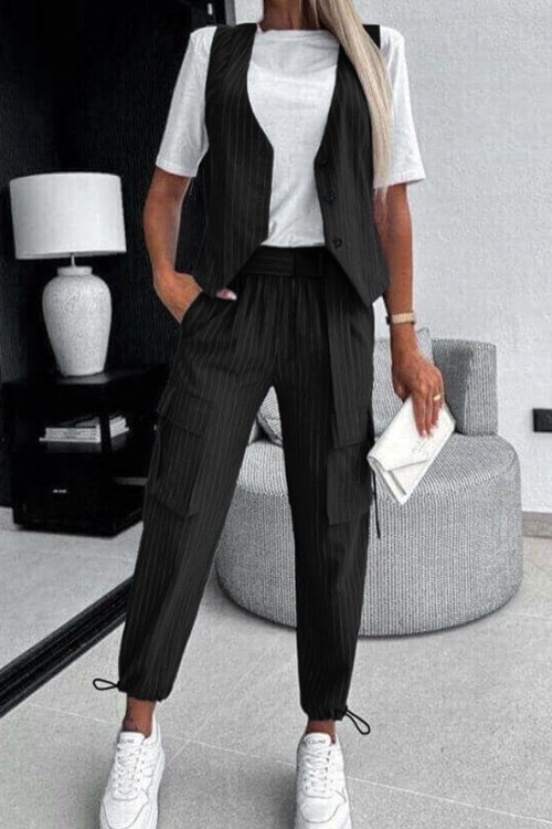Kathiadress Fashionable Casual Striped Print Vest Set