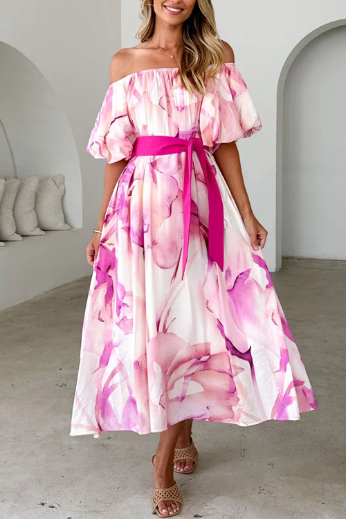Kathiadress Off-shoulder waisted puff sleeve printed swing dress 