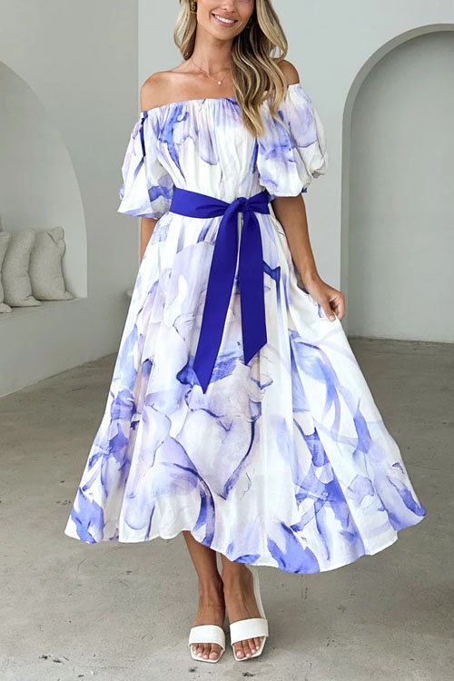 Kathiadress Off-shoulder waisted puff sleeve printed swing dress 
