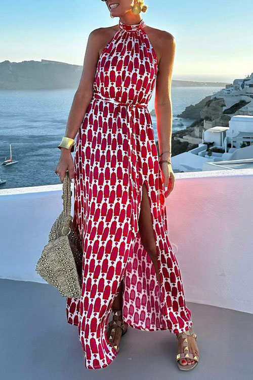 Kathiadress  Printed halter neck slit hem dress 