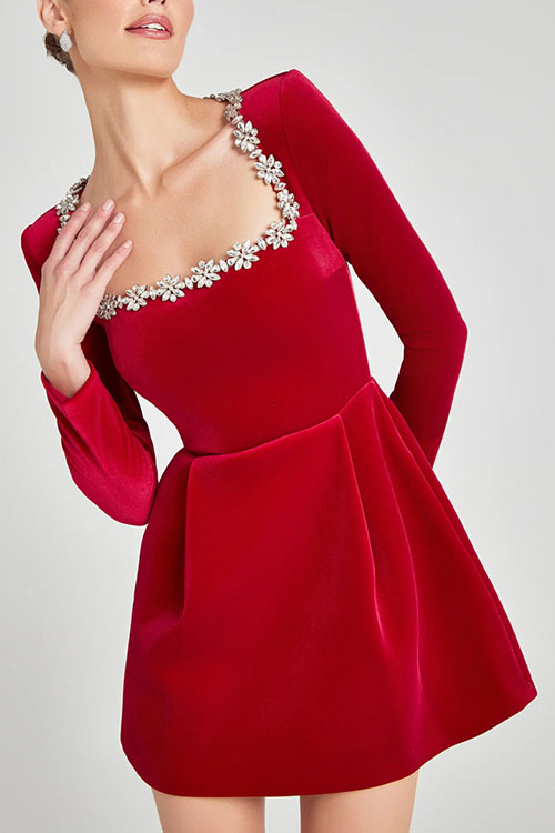 Kathiadress Elegant square neck diamond short velvet dress