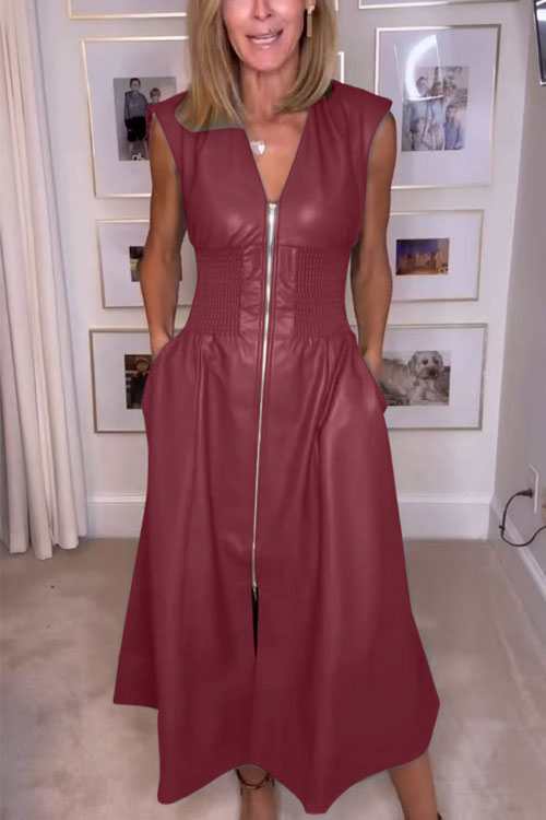 Kathiadress  Vintage Sleeveless Leather Zipper Maxi Dress Waist Dress