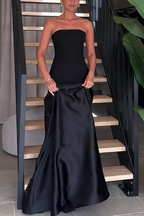 Kathiadress Strapless satin sleeveless stitching solid color dress