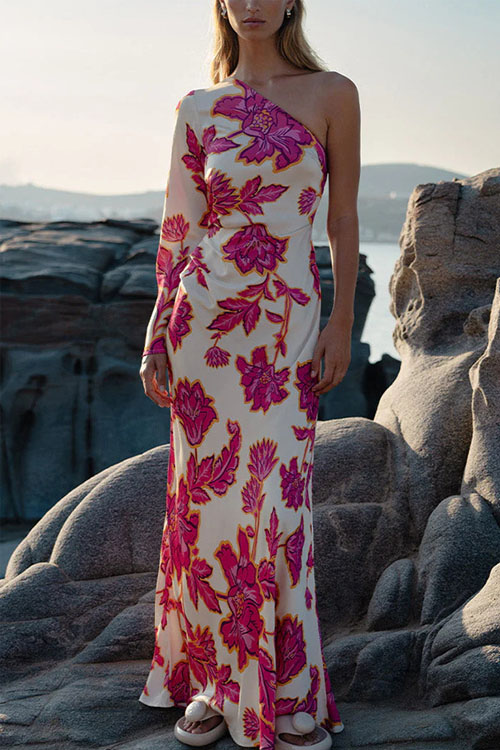 Kathiadress  Rose Print Satin Off-shoulder Long Dress