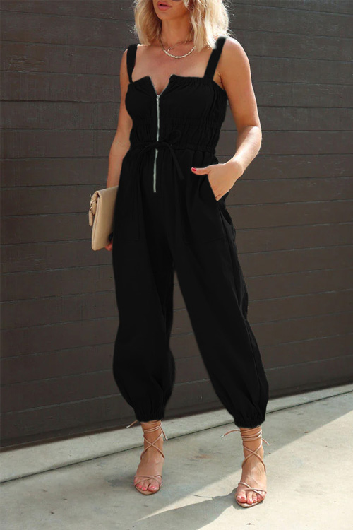 Kathiadress Washed Cotton Casual Double Insert Pockets Cinched Waist & Cuffed Ankle Jumpsuit 