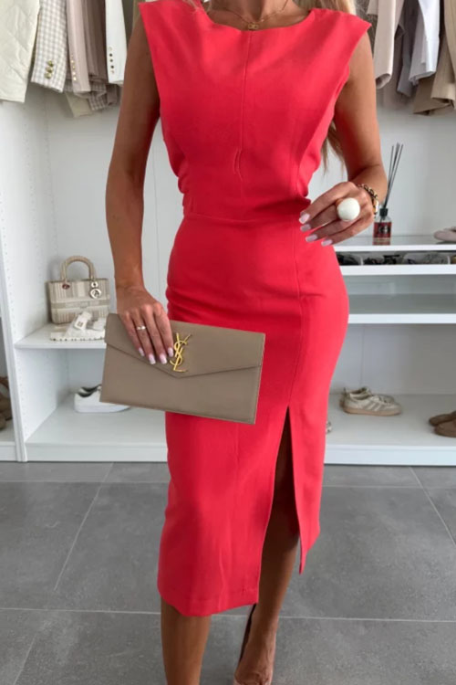 Kathiadress Round neck elegant slit solid color slim dress