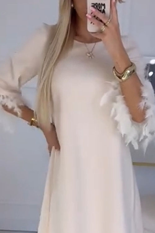Kathiadress  Round neck sleeve feather dress