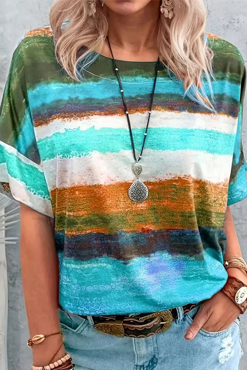 Kathiadress Mottled Stripe Round Neck Short Sleeve T-shirt