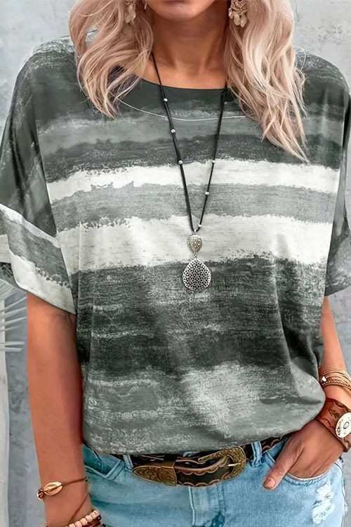 Kathiadress Mottled Stripe Round Neck Short Sleeve T-shirt