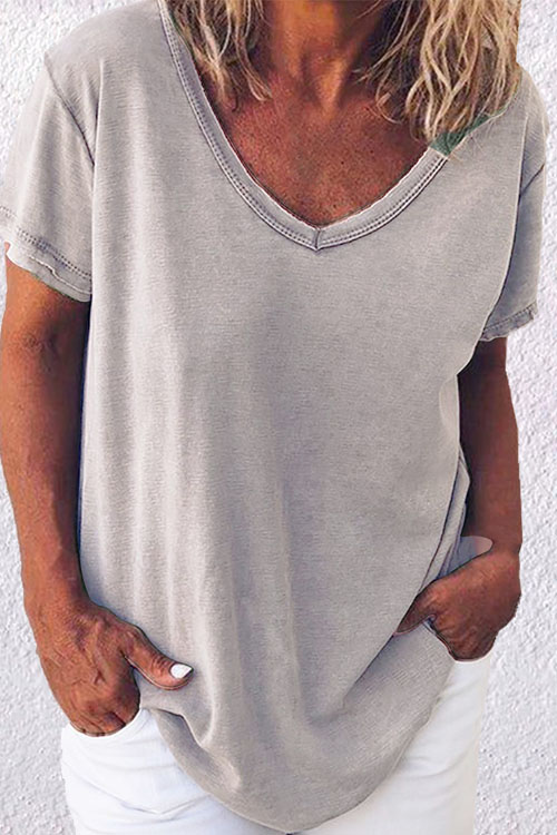 Kathiadress  Casual Plain V-neck Short Sleeve T-shirt