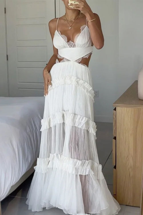 Kathiadress Halter Lace Sheer Ripped Dress
