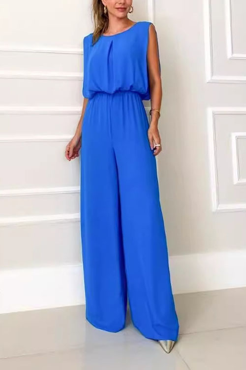 Kathiadress Backless Elastic Waist Solid Color Casual Jumpsuit