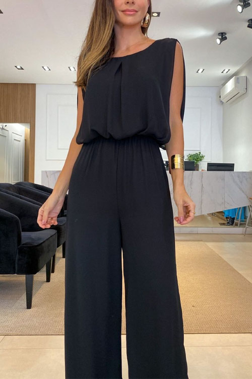 Kathiadress Backless Elastic Waist Solid Color Casual Jumpsuit