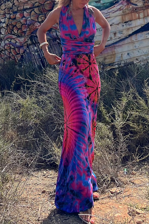 Kathiadress Printed V-Neck Halter Neck Dress