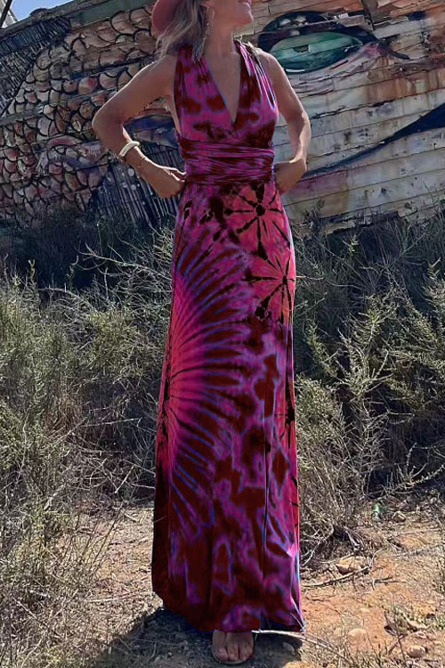 Kathiadress Printed V-Neck Halter Neck Dress