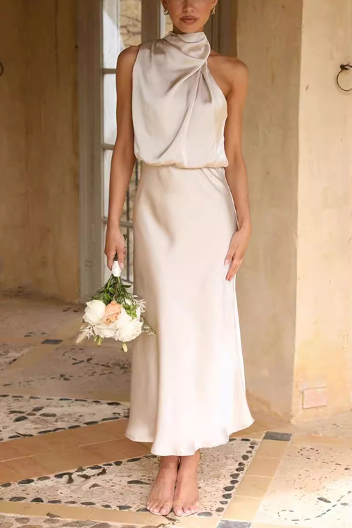 Kathiadress Sleeveless Halter Solid Color Satin Dress
