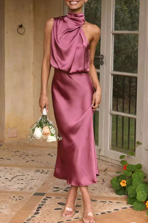Kathiadress Sleeveless Halter Solid Color Satin Dress