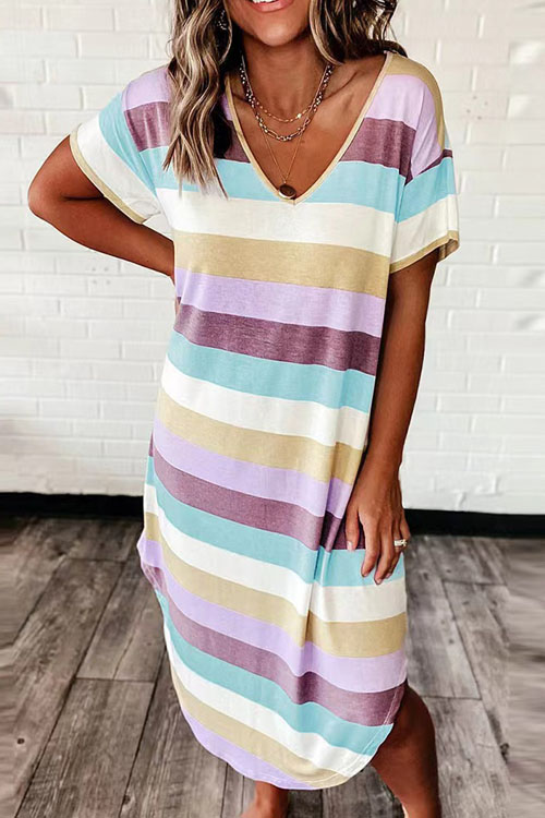 Kathiadress Loose Striped Floral Print Short Sleeve Dress