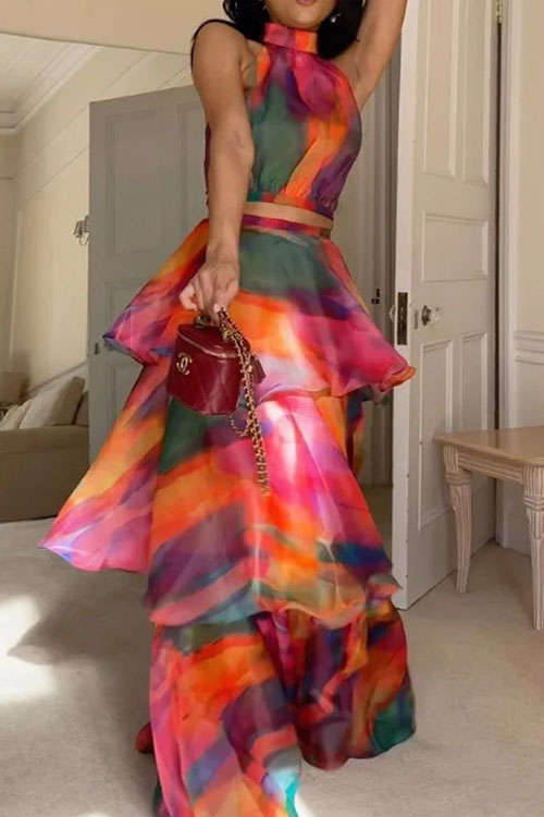 Kathiadress Ink-printed Round-neck Sleeveless Fluffy Cake Dress