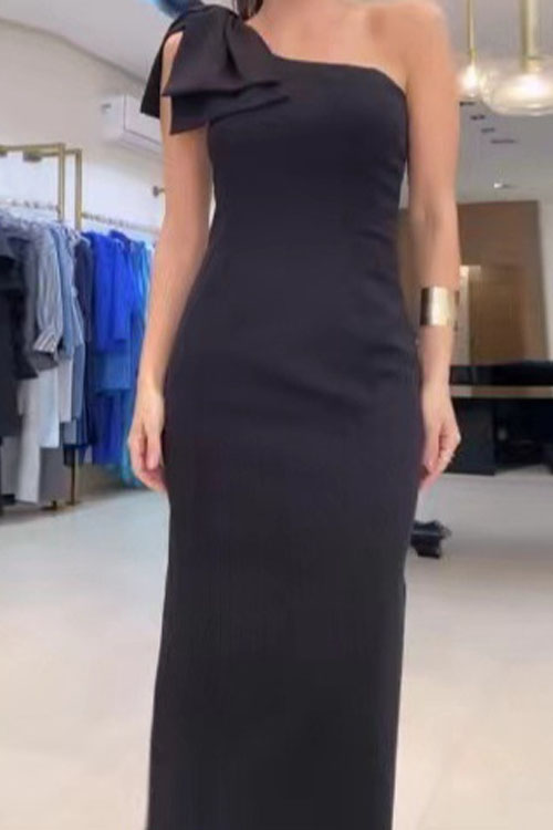 Kathiadress Solid Color Chic Bowknot Temperament Slit Dress