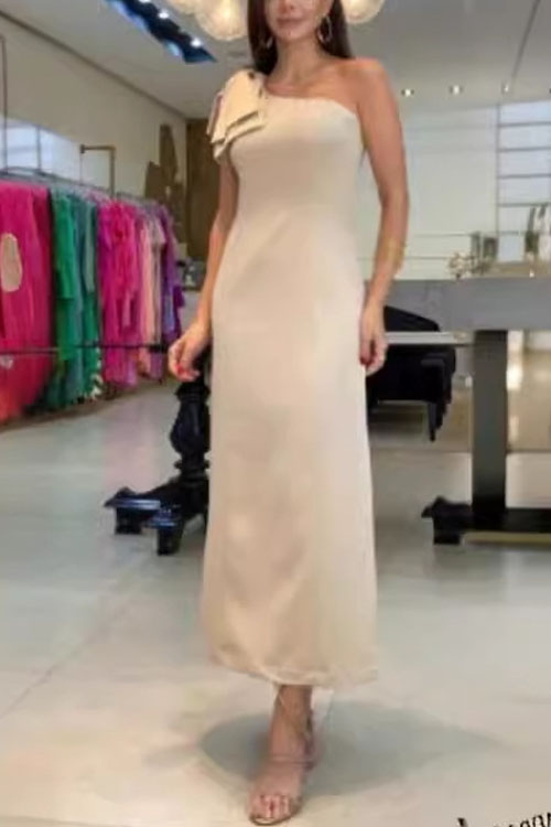 Kathiadress Solid Color Chic Bowknot Temperament Slit Dress