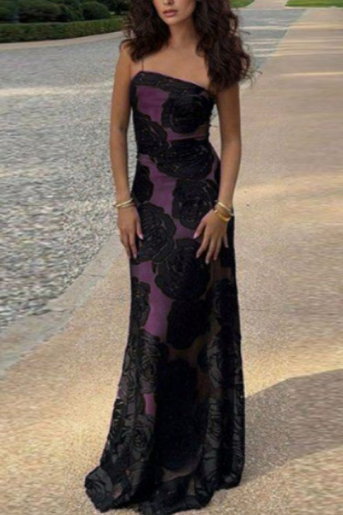 Kathiadress Burnt flower strap off-shoulder flower long dress