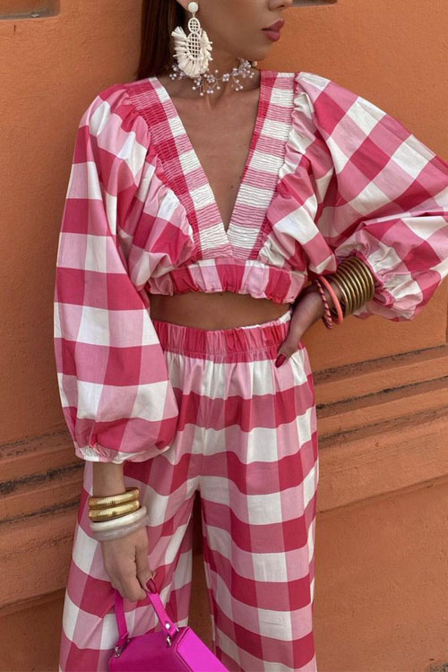 Kathiadress Plaid pleated embroidery V-neck waist suit