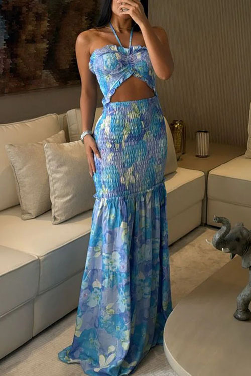 Kathiadress Halter Neck Printed Pleated Loose Holiday Dress