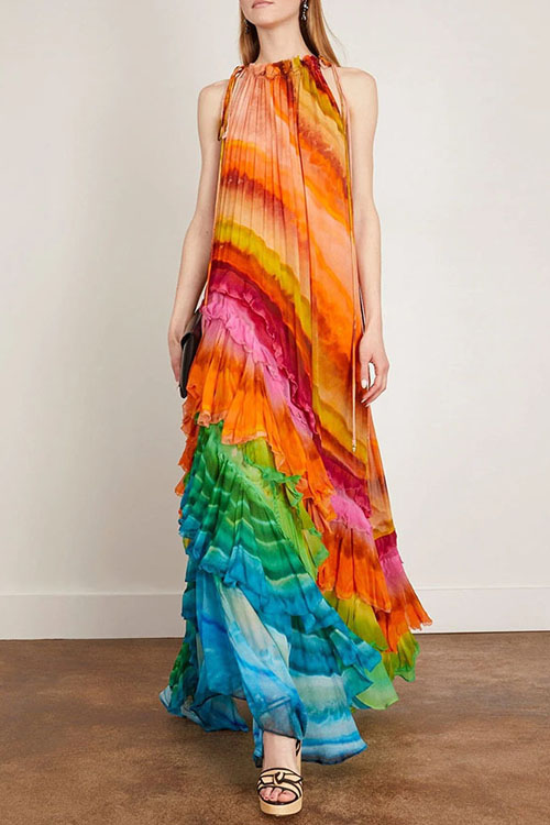 Kathiadress Rainbow Halter Neck Positioning Print Chiffon Dress