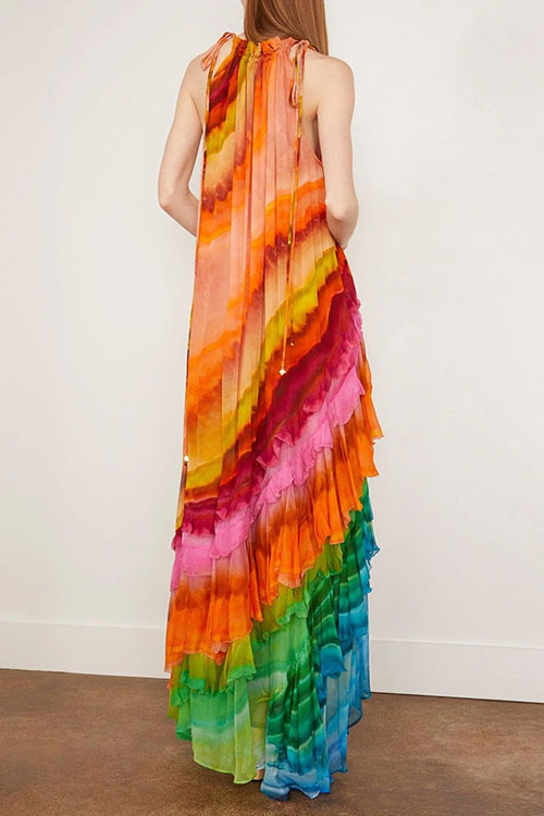 Kathiadress Rainbow Halter Neck Positioning Print Chiffon Dress