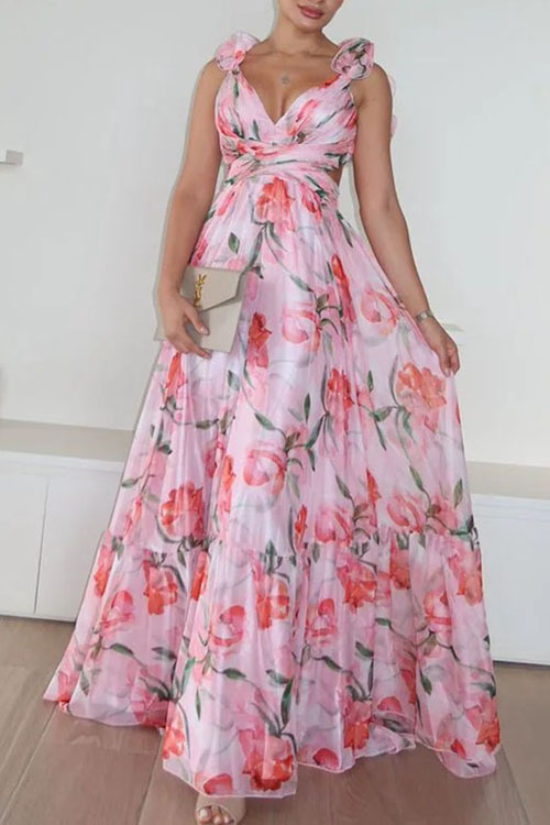 Kathiadress Pink and purple chiffon ruffle print dress