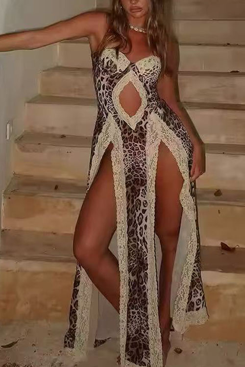 Kathiadress Leopard print suspender lace patchwork slit dress