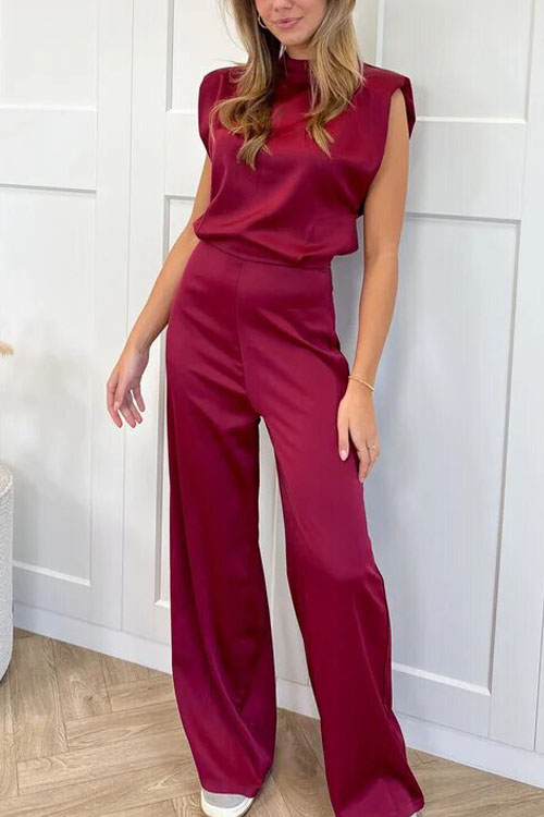 Kathiadress Stand collar sleeveless loose satin open back wide leg jumpsuit
