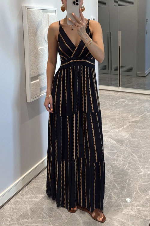 Kathiadress Geometric print V-neck pleated long dress