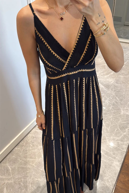 Kathiadress Geometric print V-neck pleated long dress