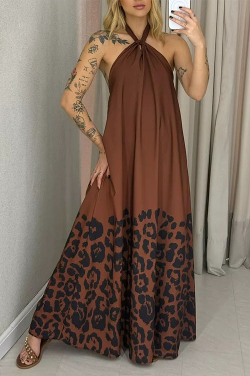 Kathiadress  Back Leopard Print Halter Neck Maxi Dress