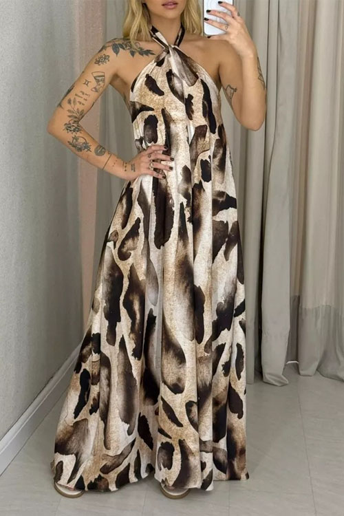 Kathiadress  Back Leopard Print Halter Neck Maxi Dress
