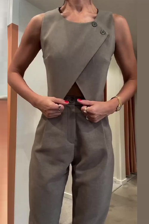 Kathiadress Round Neck Button-Up Top & Straight Pants Two-Piece Set