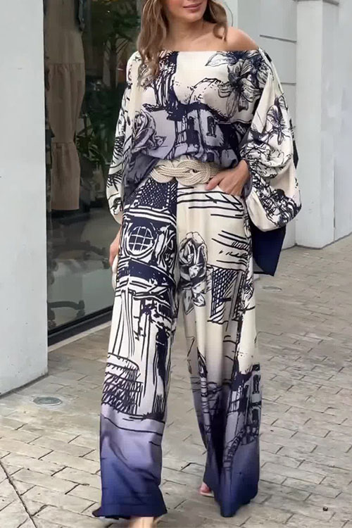 Kathiadress Long Sleeve Batwing Top & Belted Wide Leg Pants Two-piece Set