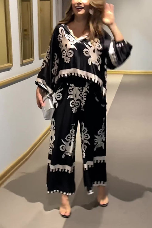 Kathiadress  Irregular Printed Long Sleeve Top & Long Pants Two-piece Set