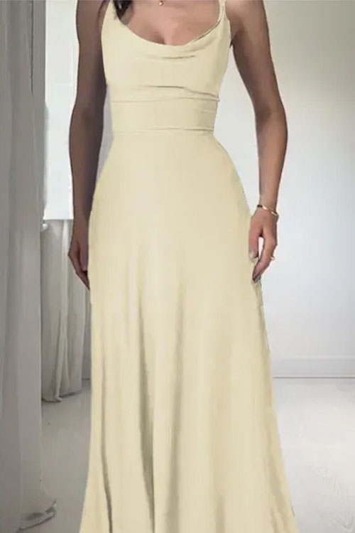 Kathiadress Satin Pleated Deep U-neck Dress