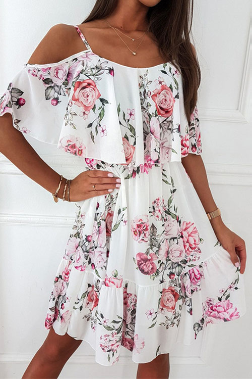 Kathiadress Chiffon Floral Off-Shoulder Dress
