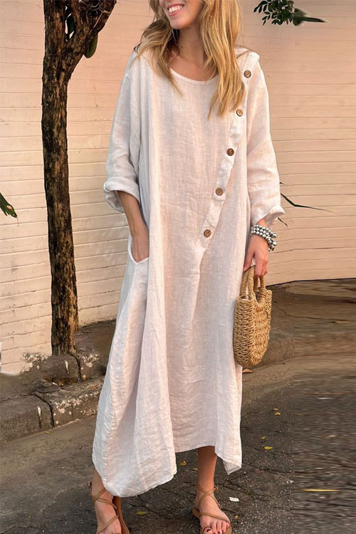 Kathiadress Large Size Loose Casual Round Neck Solid Color Cotton Linen Dress