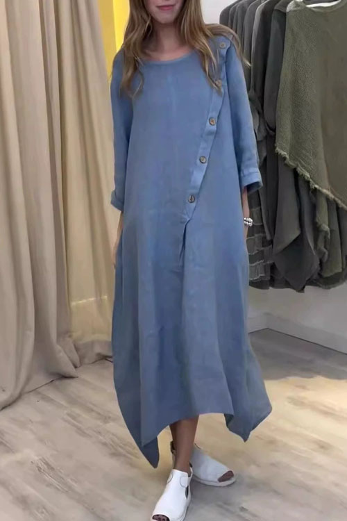 Kathiadress Large Size Loose Casual Round Neck Solid Color Cotton Linen Dress